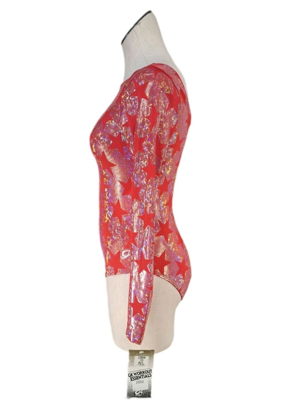 GK Elite VTG Holographic Americana Red Star Shimmering LS Logo Leotard Size AXL - Picture 8 of 16